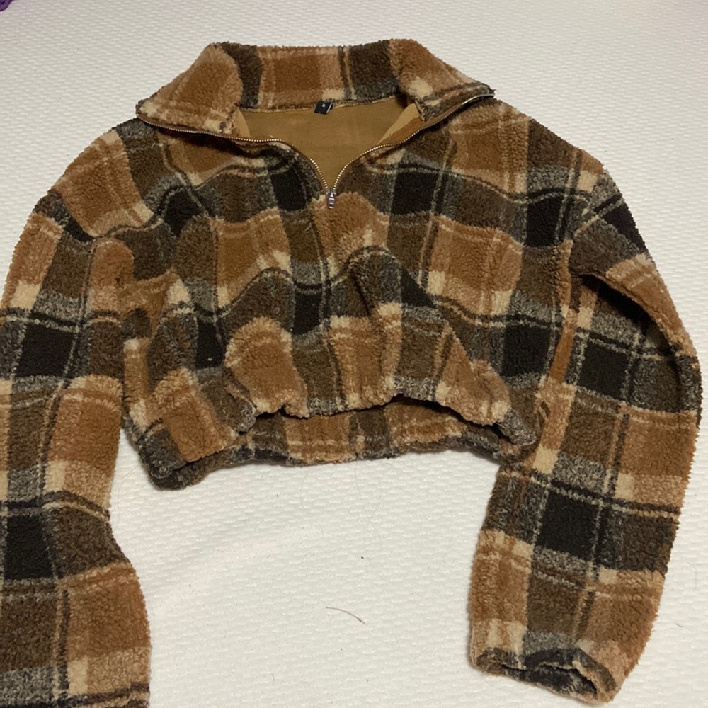 cropped, fuzzy, flannel zip up